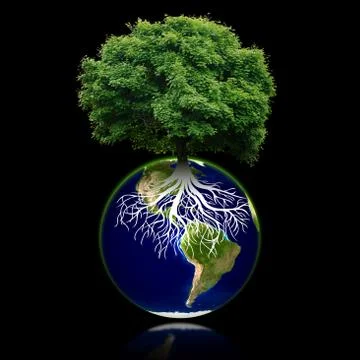 Small eco planet with tree and roots on it. Green Earth concept Stock Illustration