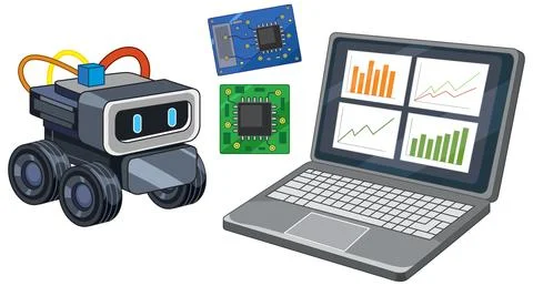 Small Educational Robot with Laptop and Electronic Circuit Board Components 库存插图