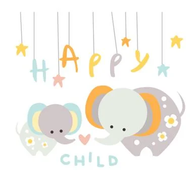 Small Elephant with Mom. Vector Illustration in Flat Style Stock Illustration