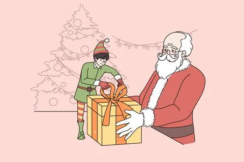 Small elf help Santa Claus packing Christmas presents Stock Illustration