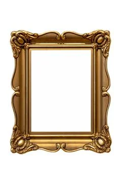 Small empty blank gold decorative vertical painting frame on a museum wall,.. Foto stock