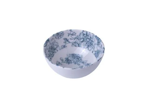 Small empty ceramic bowl with blue floral pattern isolated on white backgroun Stock Photos