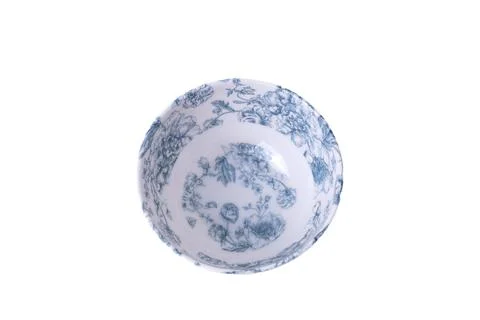 Small empty ceramic bowl with blue floral pattern isolated on white backgroun Stock Photos