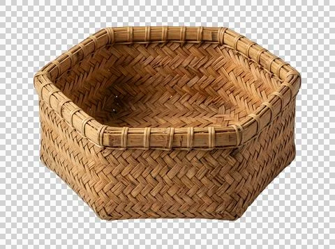 Small empty woven hexagonal wicker basket isolated on transparent background Stock Photos