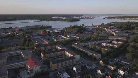 Small European Town, Gavle in Sweden showing Houses, Green Trees and the Ocean Stock Footage