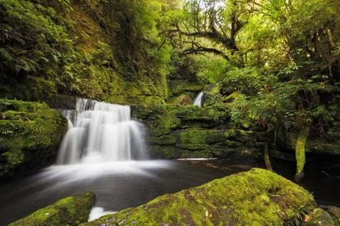 Small falls downstream from Mclean Falls, Catlins, New Zealand Stock Photos