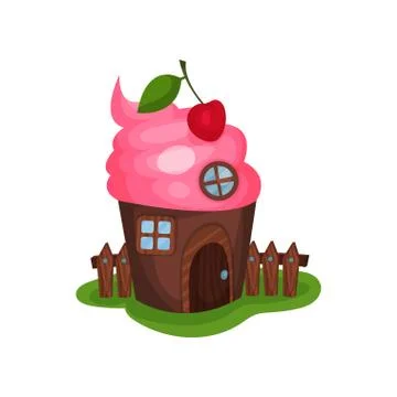 Small fancy house in shape of cupcake or ice-cream. Home with wooden door, round Illustrazione stock
