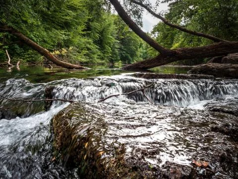 Small but fast rapid with a waterfall on a mountain river, forest, Alsace. Stock Photos