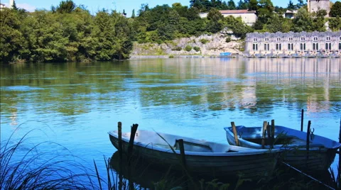 Small ferry crossing a river Stock Footage 51434444