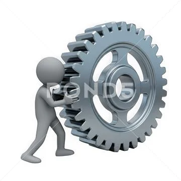 Small figure manipulating large gear mechanism isolated on white background PSDテンプレート
