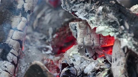 Small fire in a fireplace, firewood coal closeup, burning wood in a campfire Stock Footage 167578673