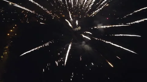 Small Fireworks Explosion at Night – Drone Flies Into Sparks Stock Footage 313762788