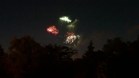 Small fireworks seen in the distance behind a row of tree in rural area Stock Footage 101222102