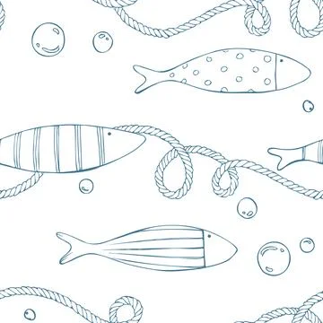 Small fish, bubbles and sea twisted ropes in a nautical, alpine pattern. Hand Stock Illustration