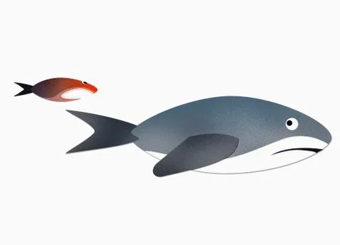 A small fish chasing shark against white background イラスト素材