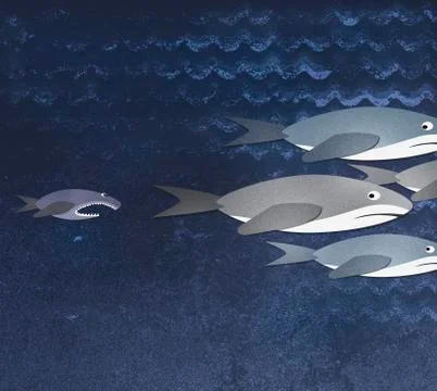 A small fish chasing three sharks Illustrazione stock