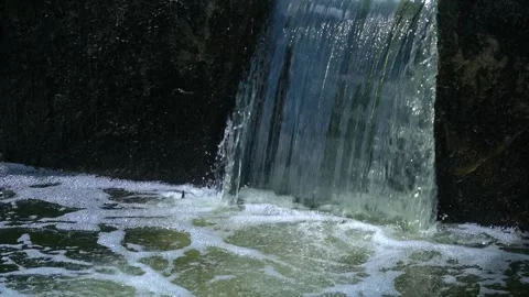Small Fish Jumping Up Artificial Waterfall and Dam Overflow Stock Footage 343850328