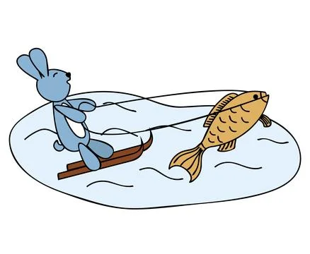 A small fish rides a hare on water skis. Illustration for calendar, children' Stock Illustration