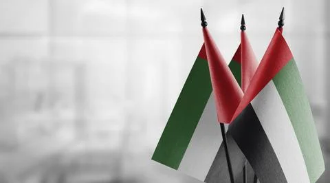 Small flags of the Arab Emirates on an abstract blurry background Stock Illustration