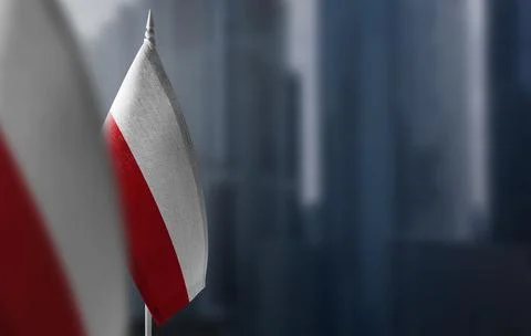 Small flags of Poland on a blurry background of the city Stock Photos