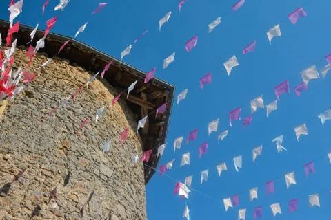 Small flags stretched on a rope Stock-Fotos