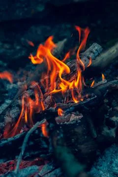 Small flame dying fire, bright red-orange flame. Cozy warm atmosphere by outd Stock Photos