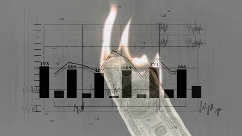 Small flame igniting top, single US dollar bill charring as charts forming, Stock Footage 328684839