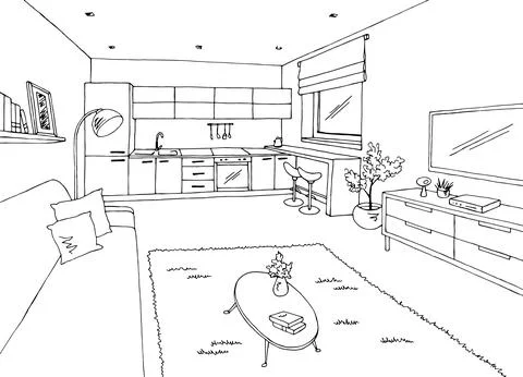 Small flat room graphic home interior design sketch illustration vector Stock Illustration