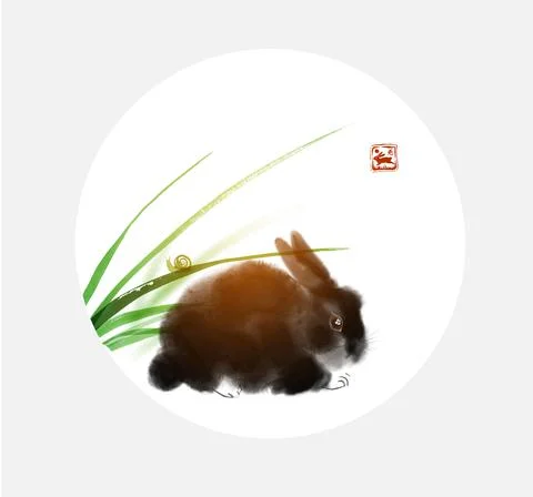 Small fluffy black rabbit under the green grass bush on white background Ilustración de archivo
