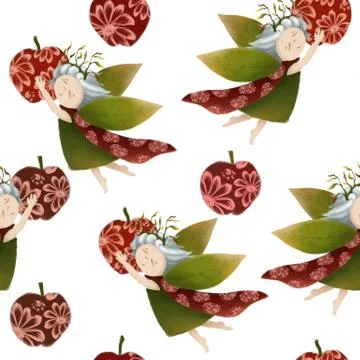 A small forest princess flies with a red apple. cute little elf. A pretty girl Stock Illustration