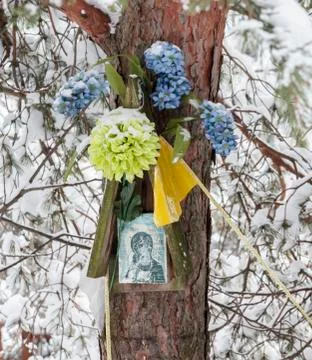 Small forest shrine in winter Stock Photos