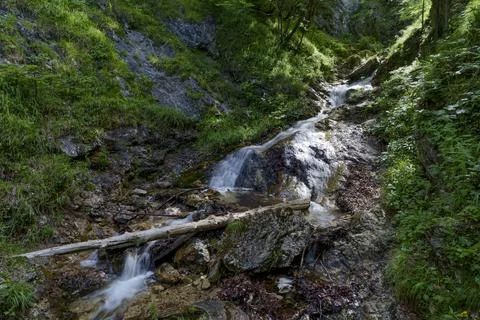 Small forest waterfall flowing between rocks in Mala Fatra, Slovakia Stock Photos
