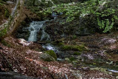 Small forest waterfall flowing between rocks in Mala Fatra, Slovakia Stock Photos