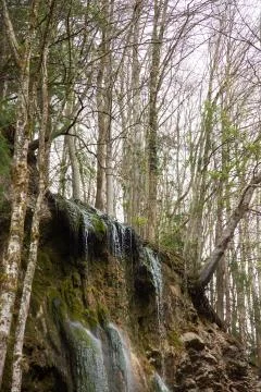 Small forest waterfall in Gorges de la Jogne river canyon in Broc, Switzerland Stock Photos