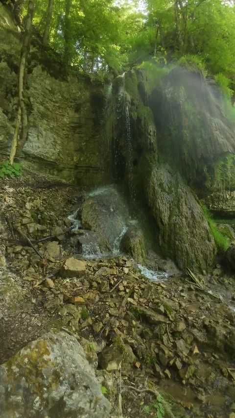 Small Forest Waterfalls Flowing Over Mossy Rocks on a Sunny Summer Day Stock Footage 339281792