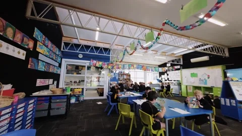 Small FPV Drone entering the elementary School Class during lesson, kids reading Видео 284480808