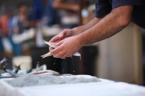 A small fresh fish in the hands of a trader in the fish market Stock Photos