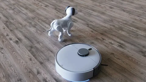 Small funny robotic smart dog and vacuum cleaner robot. 4K animation. Vídeos de archivo 268366392