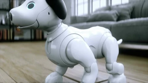 Small funny robotic smart dog wakes up in the room. 4k animation. Stock-Footage 268366753