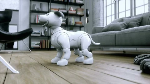 Small funny robotic smart dog wakes up in the room. 4k animation. Stock Footage 268370404
