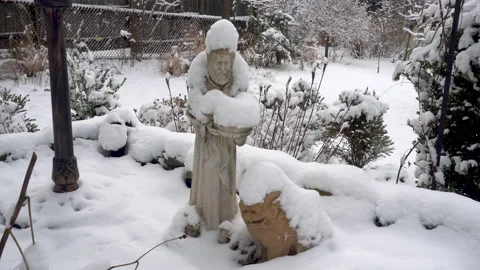 Small Garden Statues in Snow Stock Footage 147565786