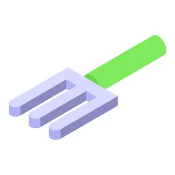 Small gardening fork with green handle lying on white background Illustration