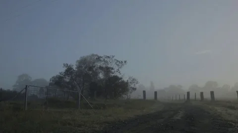 Small Gate and Dirtroad in Light Fog as Sun slowly lights up right of Screen Stock Footage 72575102