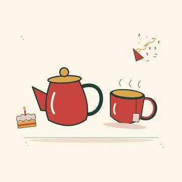 Small gathering celebration with tea and cake. Decorative flat vector composi Stock Illustration