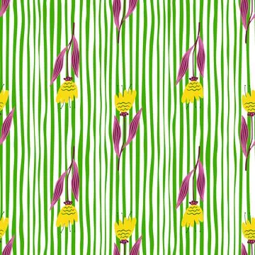 Small geometric wildflower seamless pattern on stripe background. Stock Illustration