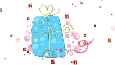 Small gift boxes with red wrapping paper and green ribbons floating behind a big Stock Footage 132071497