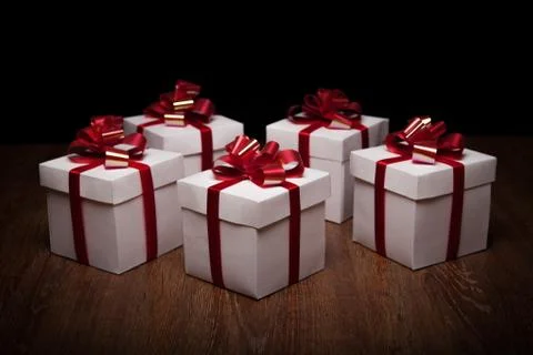 Small gift boxes on the table Stock Photos