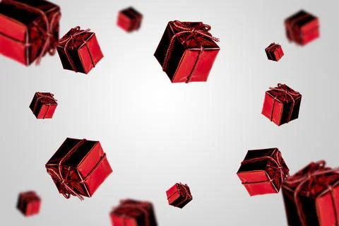 Small gift red christmas boxes levitation on multicolor background 2022 Stock Photos
