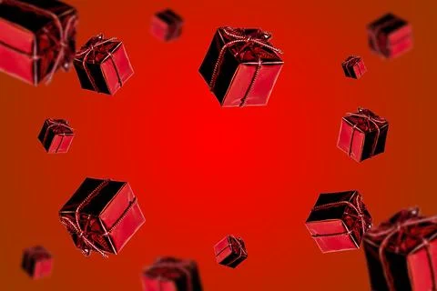 Small gift red christmas boxes levitation on multicolor background 2022 Stock Photos