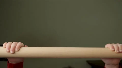 Small girl pull up on horizontal bar gym kid sport home. Strong child doing chin Stock Footage 151284631